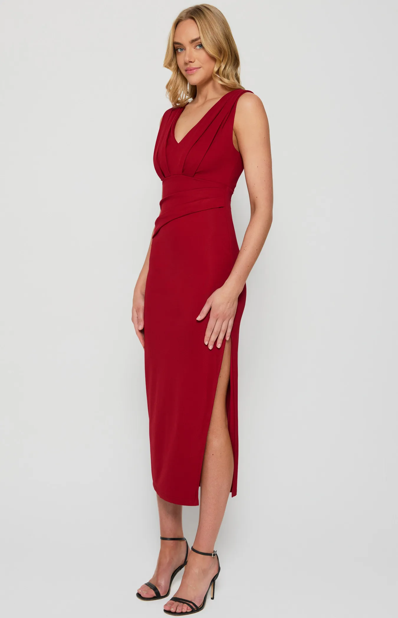 V Neckline Stretch Midi Dress with Pleated Details (SDR1321A)