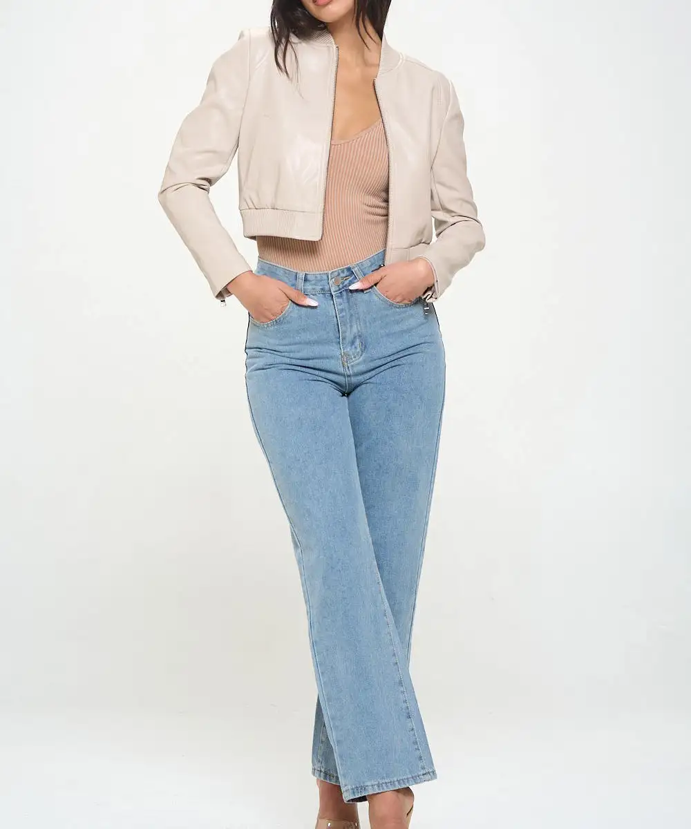 Vegan Leather Bomber Jacket - Cream