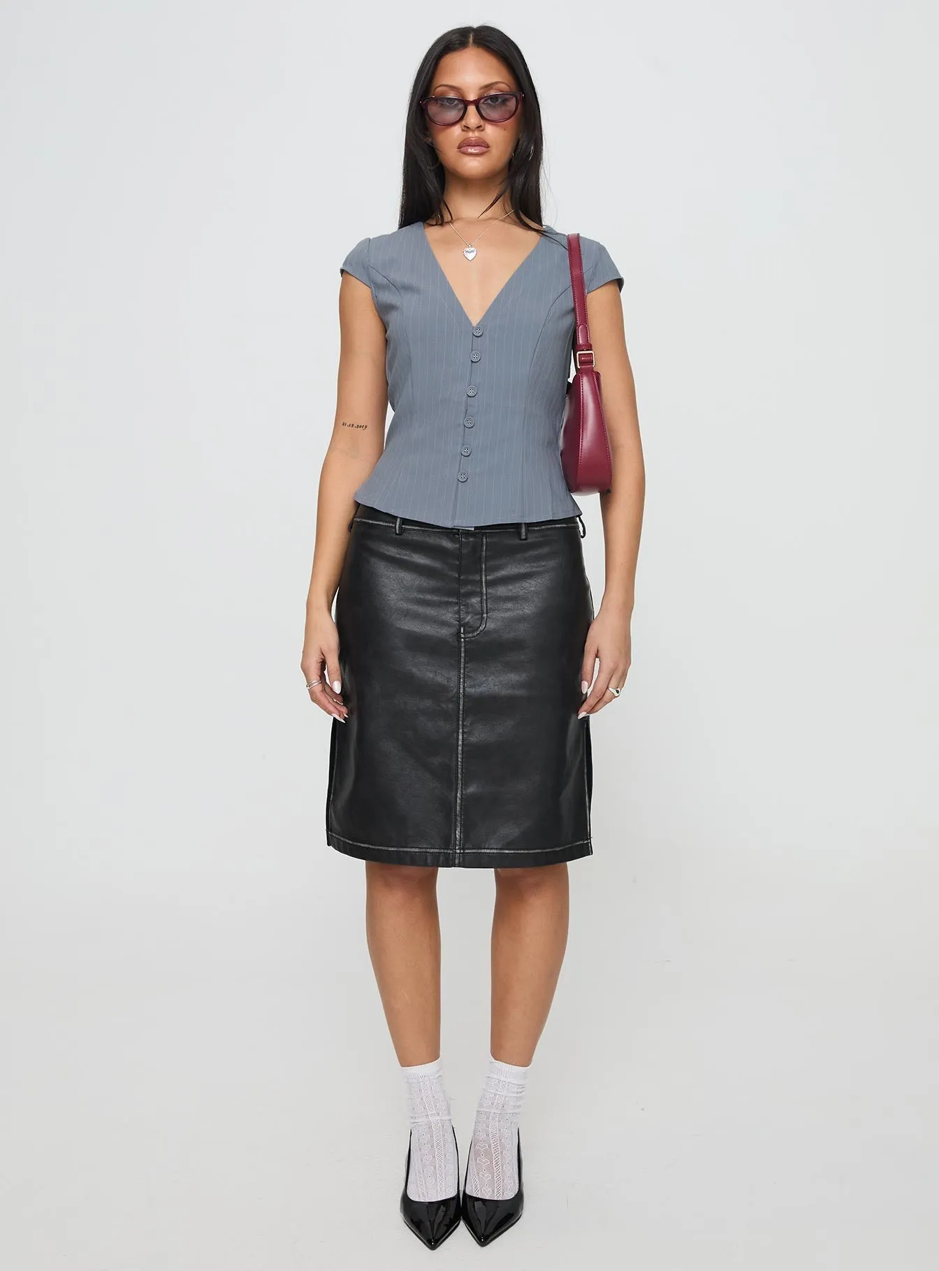 Vietta Faux Leather Midi Skirt Black