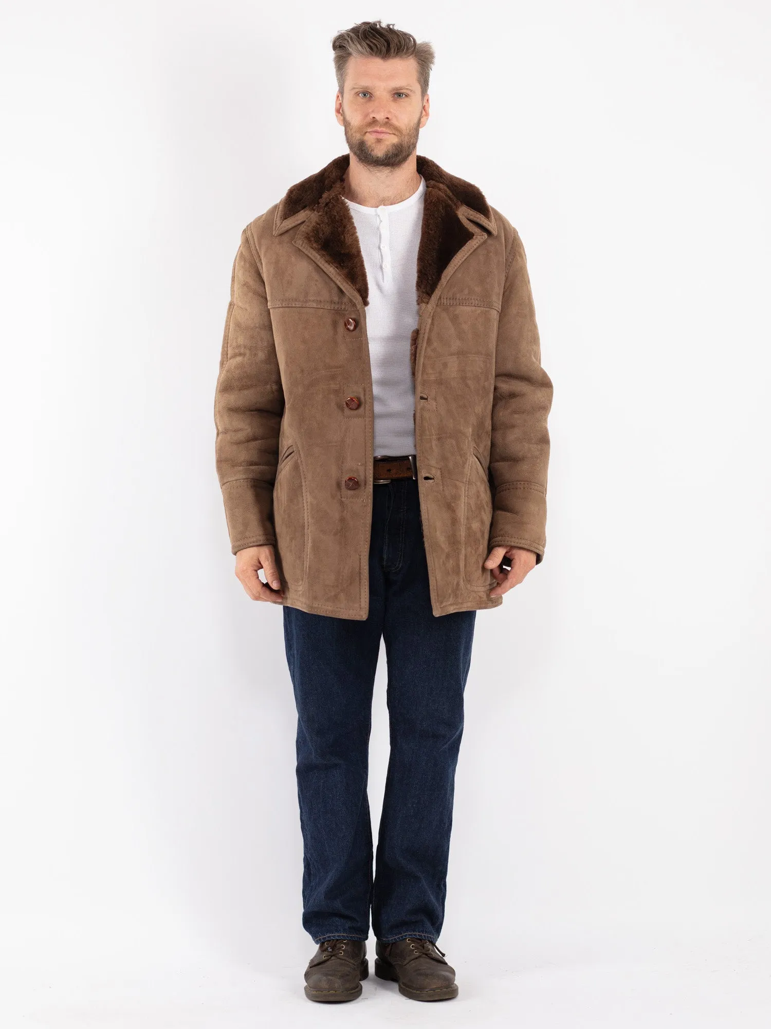 Vintage 70's Men Sheepskin Coat in Beige