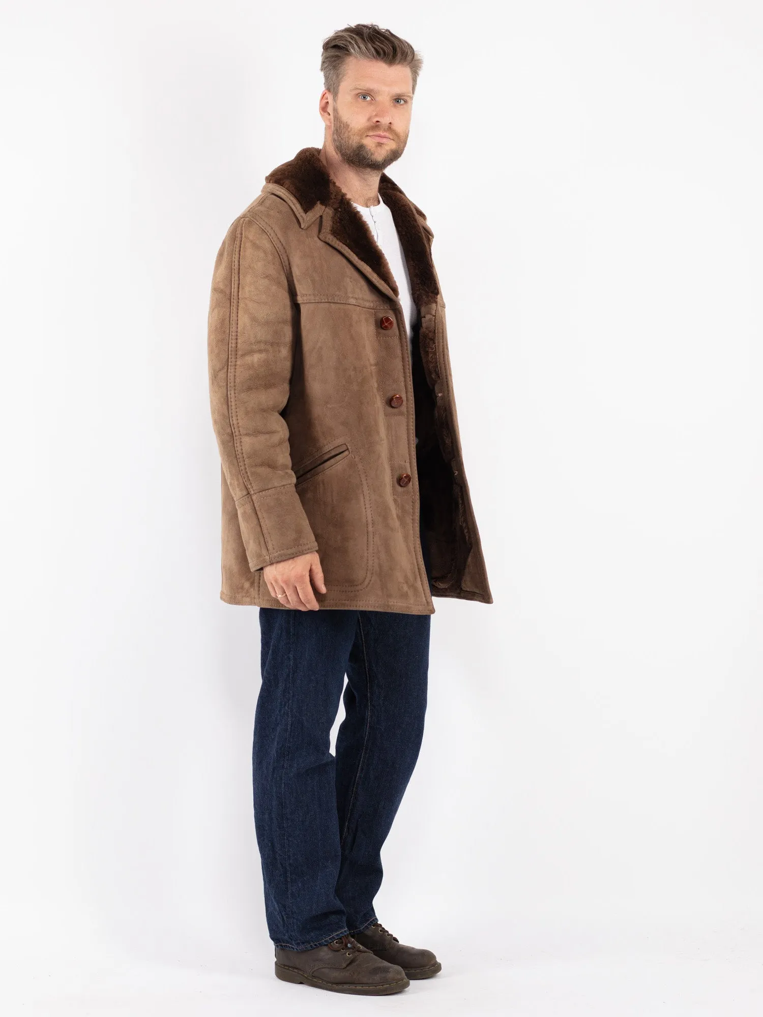 Vintage 70's Men Sheepskin Coat in Beige