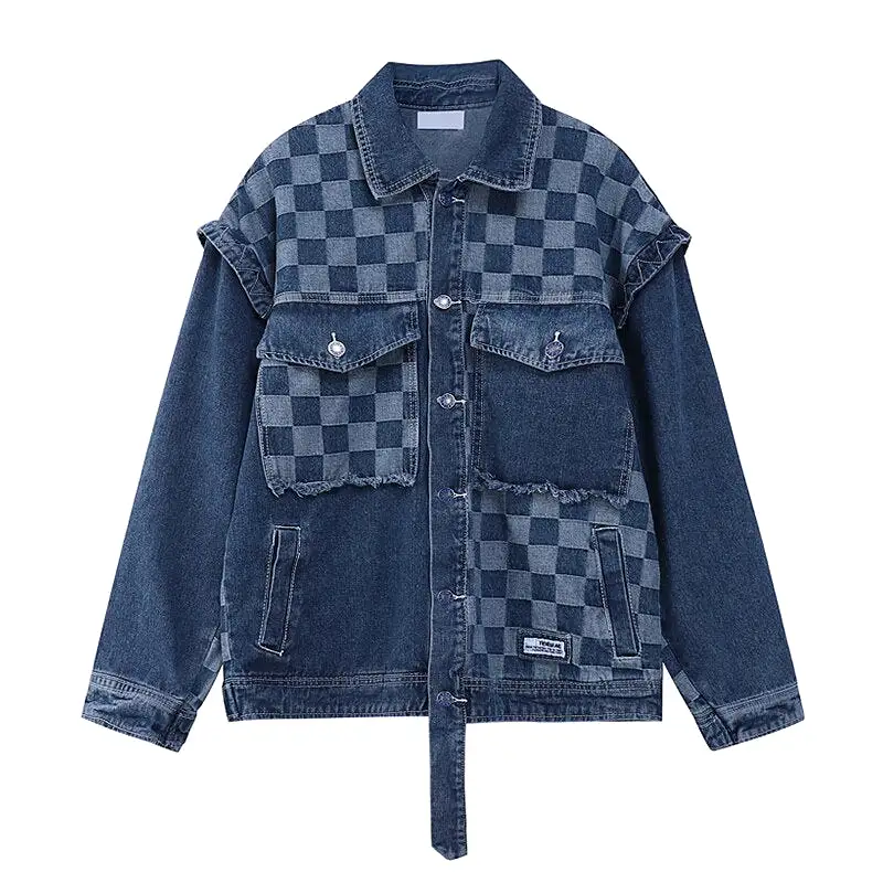 Vintage Patchwork Checker Denim Jacket for Women