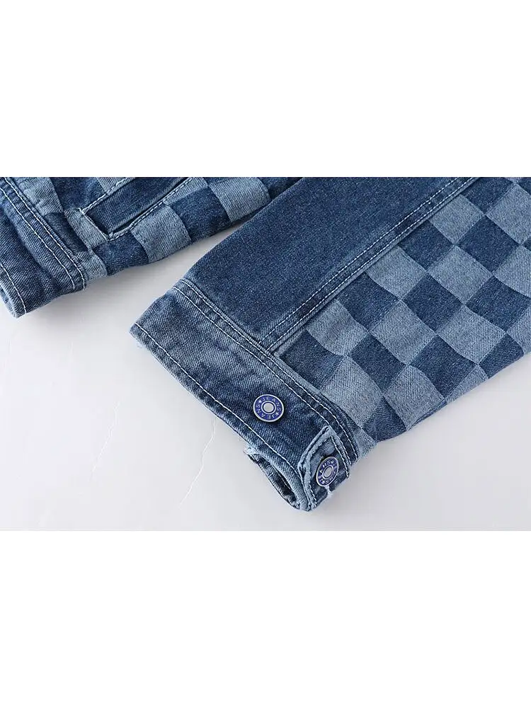 Vintage Patchwork Checker Denim Jacket for Women