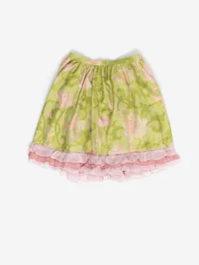 Vintage silk ruffle skirt in green and pink, handmade – Medium