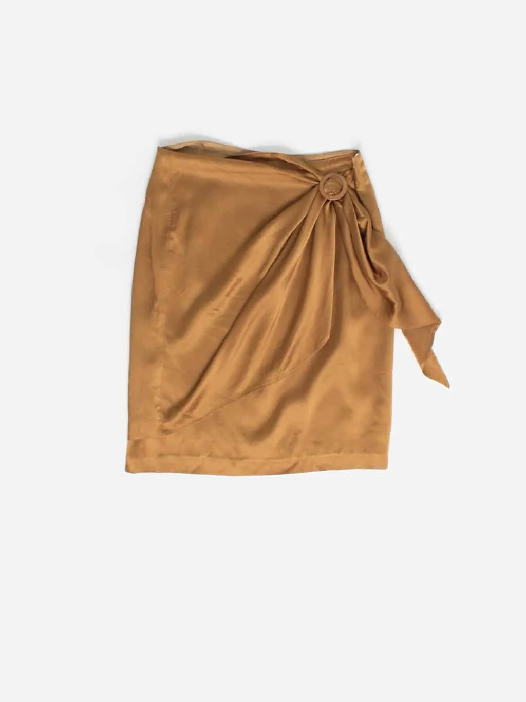 Vintage silk wrap skirt in golden bronze with ruched detail – Small