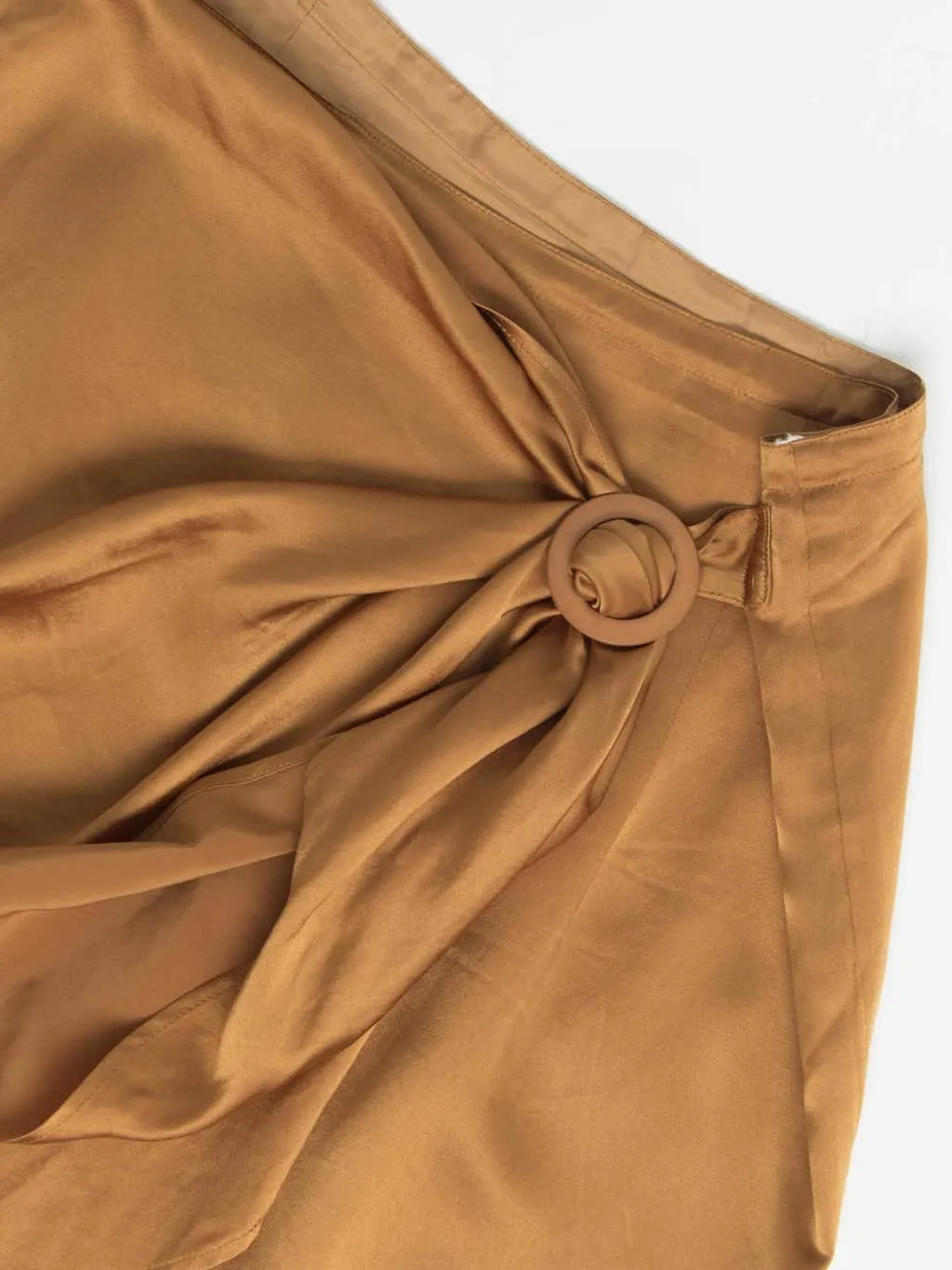 Vintage silk wrap skirt in golden bronze with ruched detail – Small