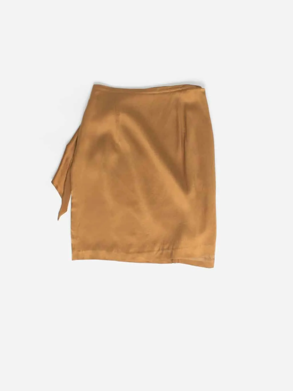 Vintage silk wrap skirt in golden bronze with ruched detail – Small