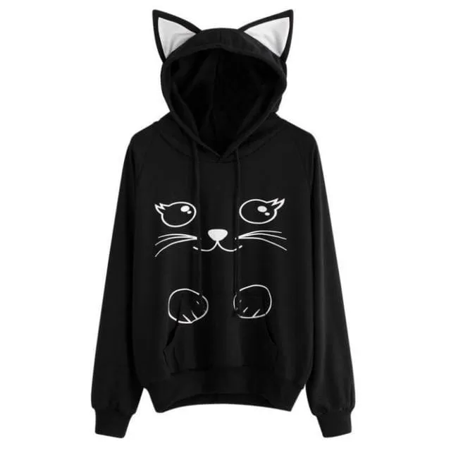 Winter Pullover Sweatshirts Women Cat Kawaii Poleron Mujer 2019 Kangaroo Pocket Hoodie School Korean Streetwear Oversized Hoodie