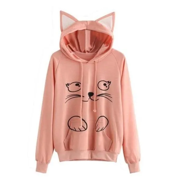 Winter Pullover Sweatshirts Women Cat Kawaii Poleron Mujer 2019 Kangaroo Pocket Hoodie School Korean Streetwear Oversized Hoodie