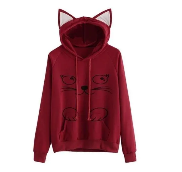 Winter Pullover Sweatshirts Women Cat Kawaii Poleron Mujer 2019 Kangaroo Pocket Hoodie School Korean Streetwear Oversized Hoodie