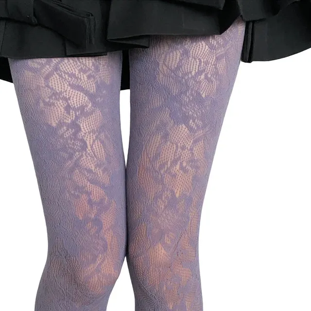 Women Colorful Floral-Patterned Fishnet Tights See-through Lace Tights