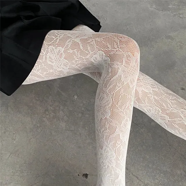 Women Colorful Floral-Patterned Fishnet Tights See-through Lace Tights