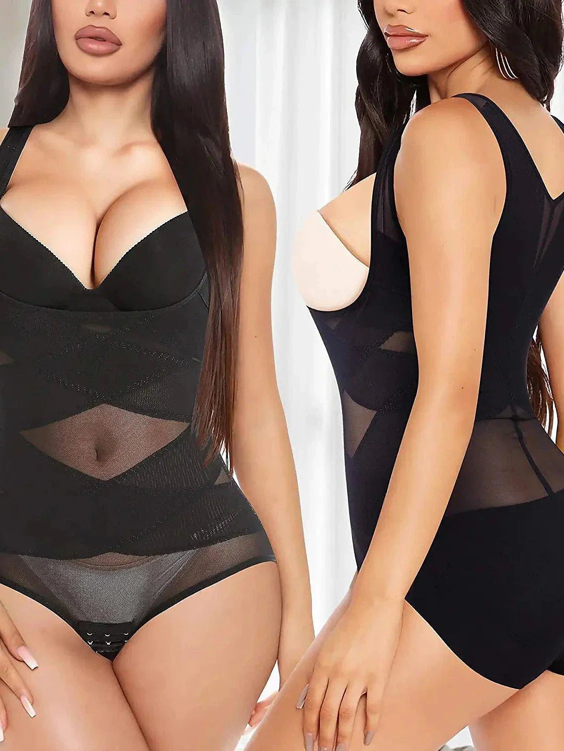 Women's Black Mesh Bodysuit with Flattering Elastic Waist