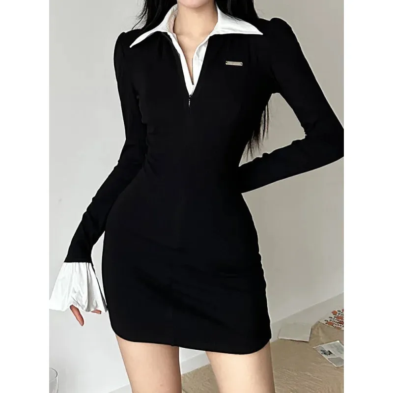 Women's Elegant Patchwork Turn Down Collar Long Sleeves Mini Bodycon Dress