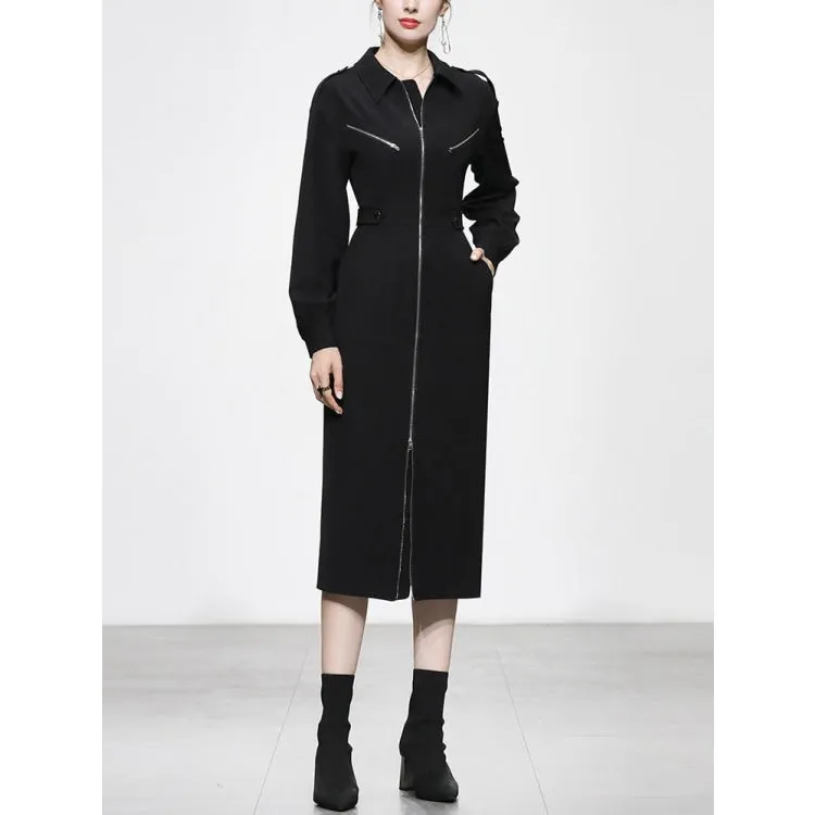 Women's Winter Vintage Turn-down Collar Mid-Calf Zipper Work Dress