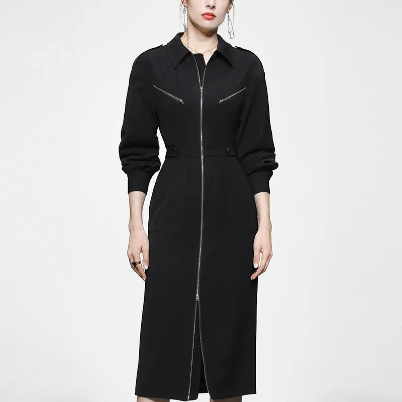 Women's Winter Vintage Turn-down Collar Mid-Calf Zipper Work Dress