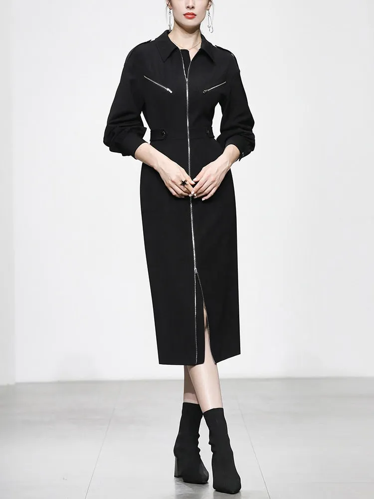 Women's Winter Vintage Turn-down Collar Mid-Calf Zipper Work Dress