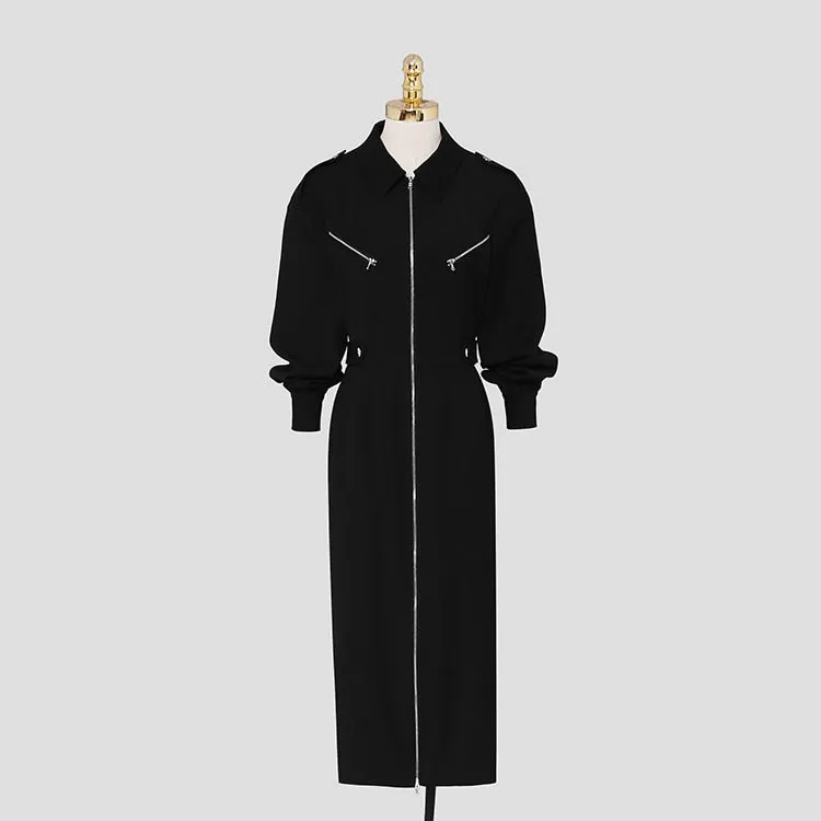 Women's Winter Vintage Turn-down Collar Mid-Calf Zipper Work Dress